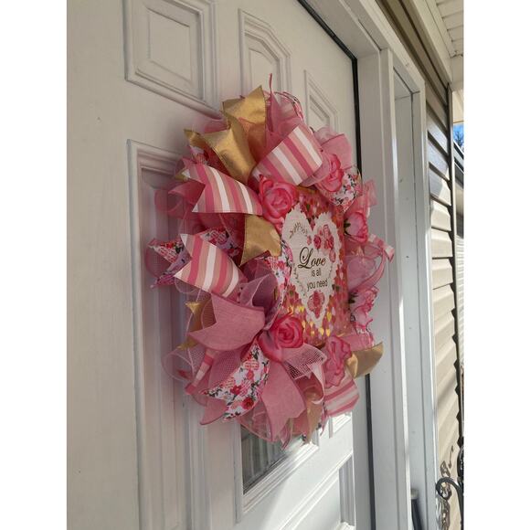 XL Love is All You Need Valentines Day Heart and Roses Wreath Door Hanger - Picture 6 of 9
